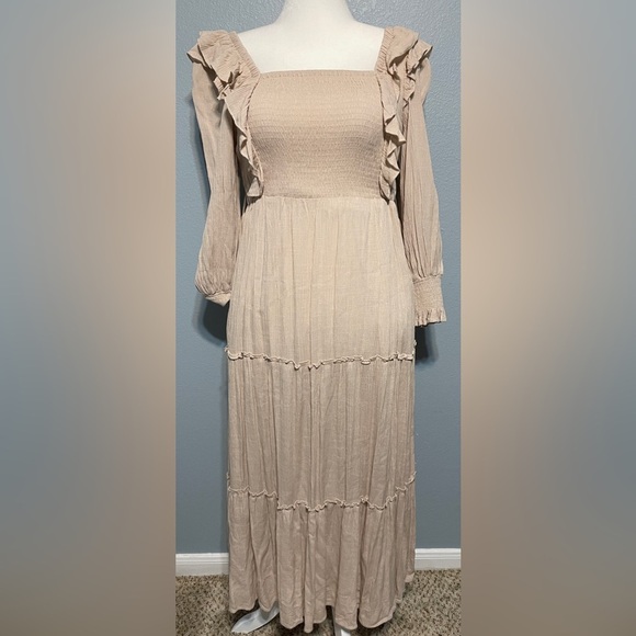 In Bloom Dresses & Skirts - In Loom Smocked Ruffle Strap Maxi Dress Beige Prairie Cottagecore Boho Medium